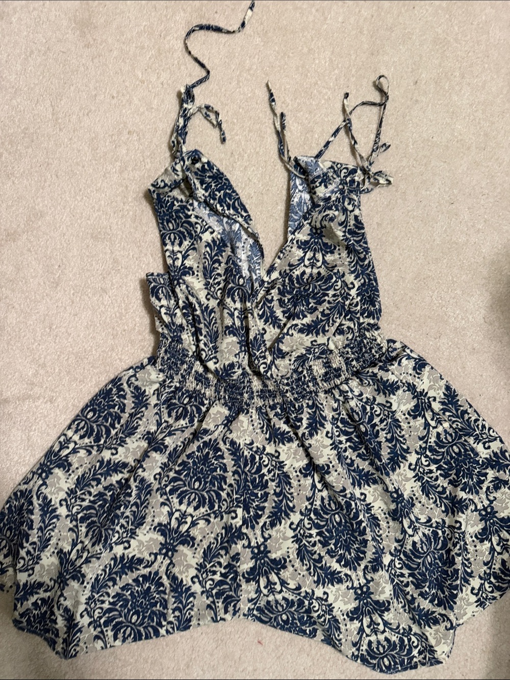 Blue and Cream Printed Sleeveless Romper
